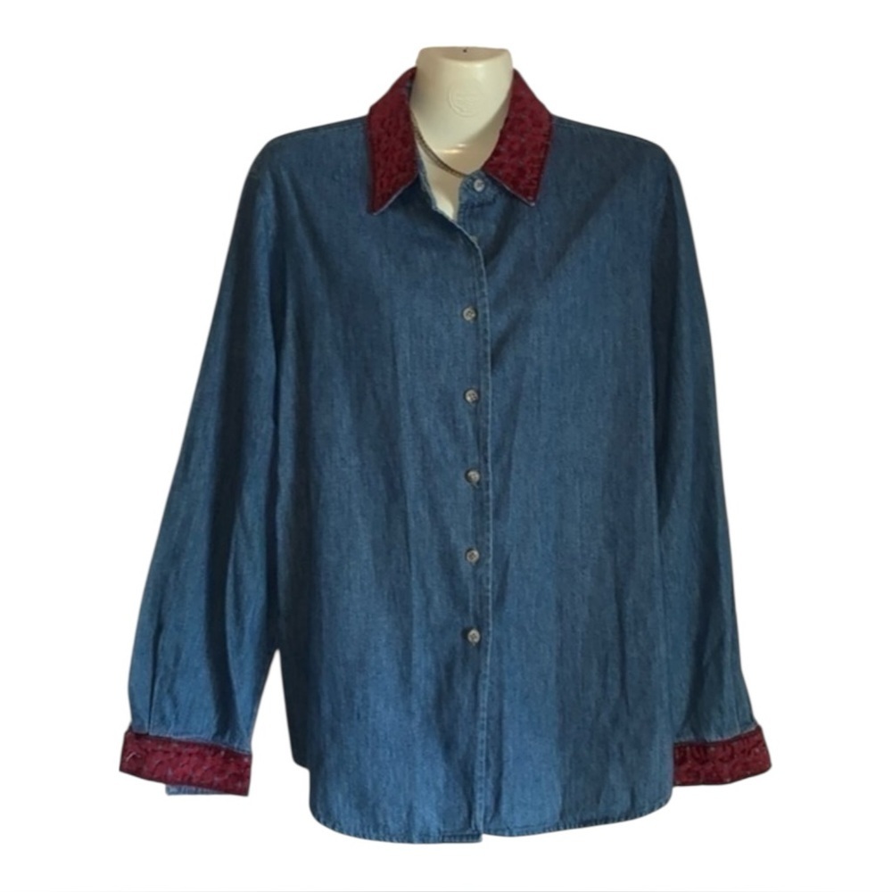 Denim Button Down Shirt Burgundy Suede Collar & Cuffs Size Large Willowbend